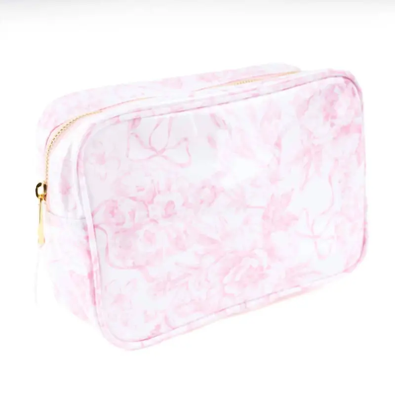 Women's Clear Coated Rectangular Cosmetic Case In Pink Bow Toile 1