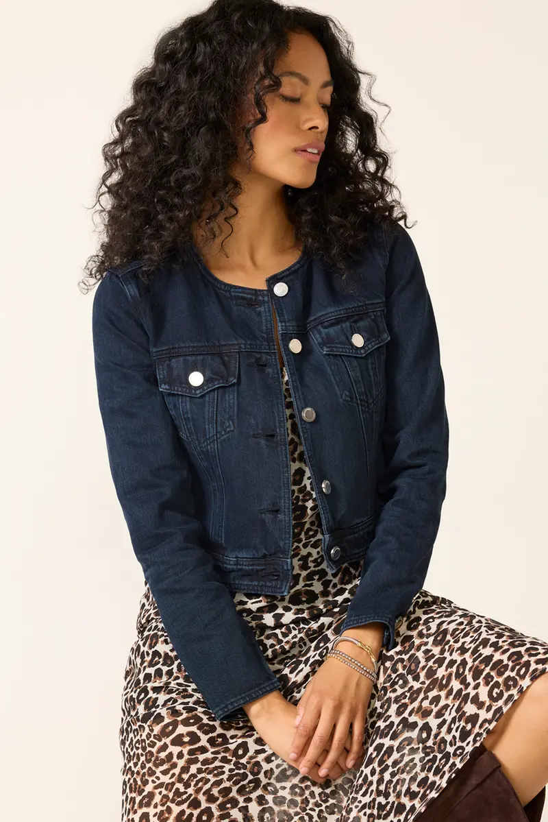 Women's Collarless Trucker Denim Jacket 1