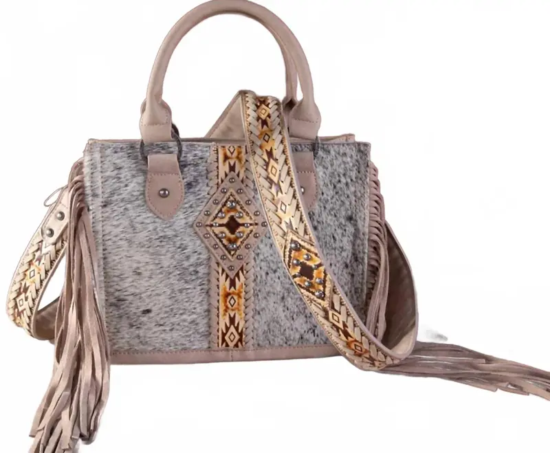 Women's Concealed Carry Hair-On Tooled Fringe Purse In Tan/Natural 1
