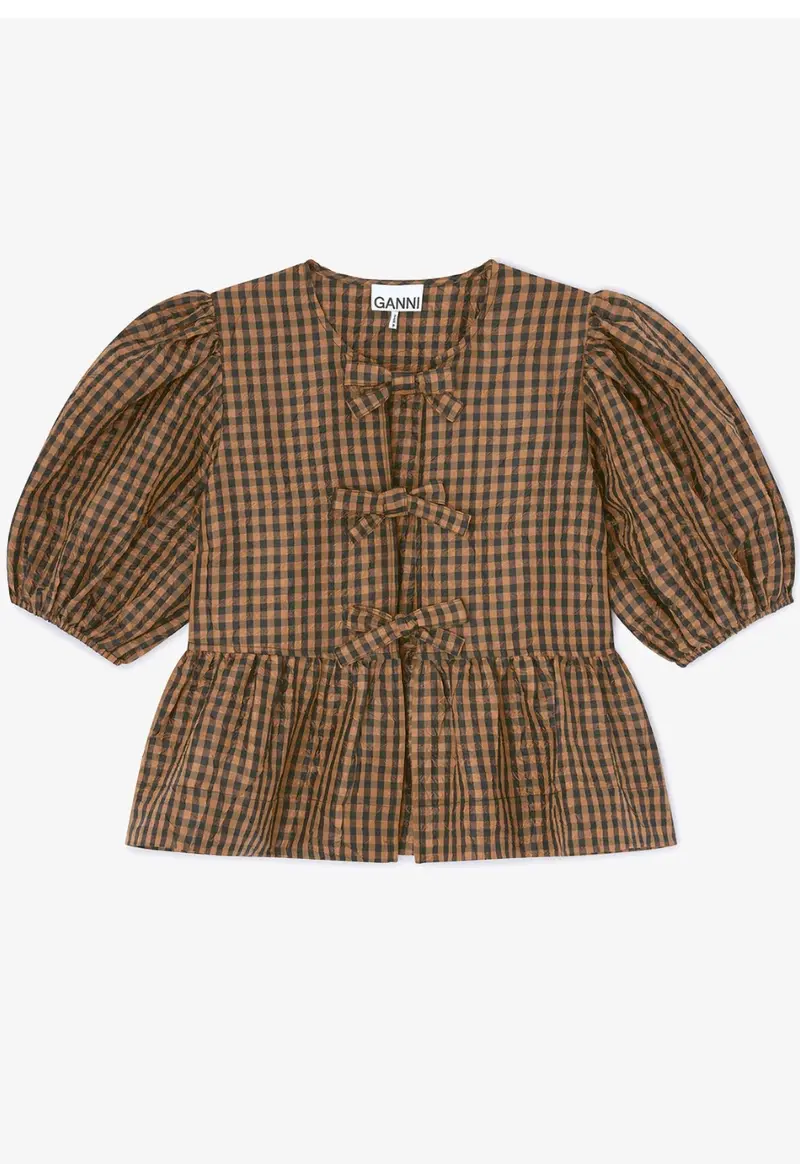 Women's Crinkled Taffeta Check Peplum Blouse 1
