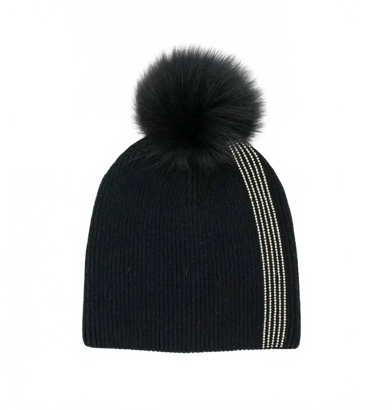 Women's Crystal Stripes And Fox Hat In Black 1