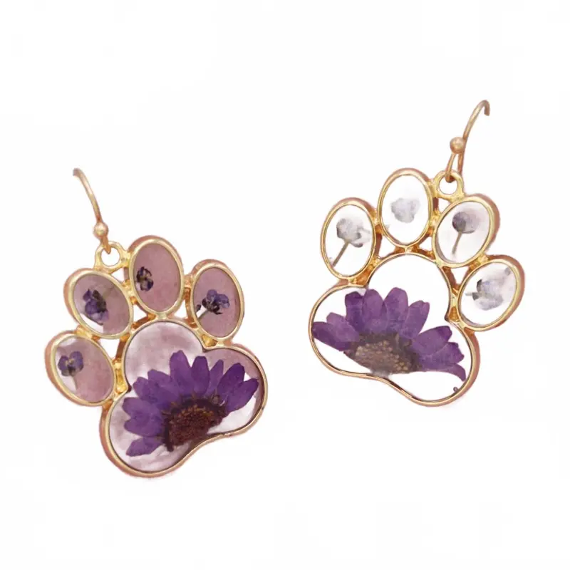 Women's Dried Flower Paw Print Dangle Earrings In Purple 1