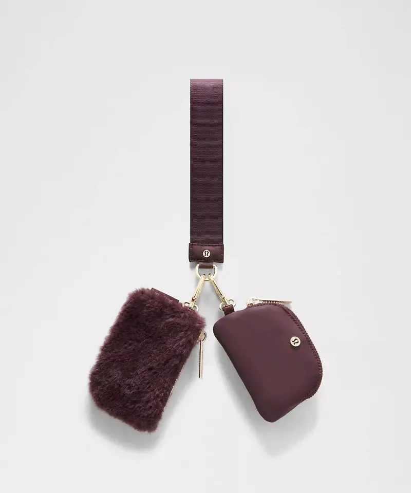 Women's Dual Pouch Plush Fleece Wristlet In Black Plum/Gold 1
