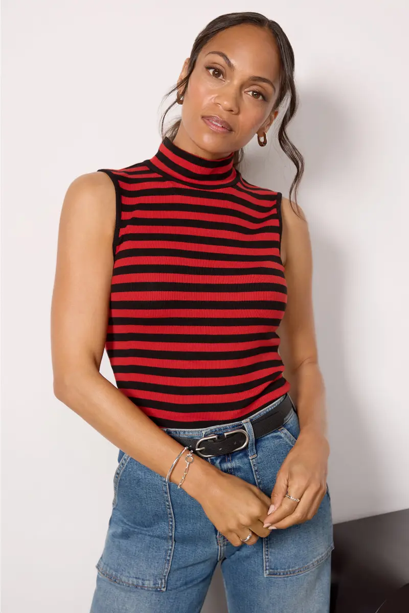 Women's Essential Stripe Sleeveless Mock Neck Top 1