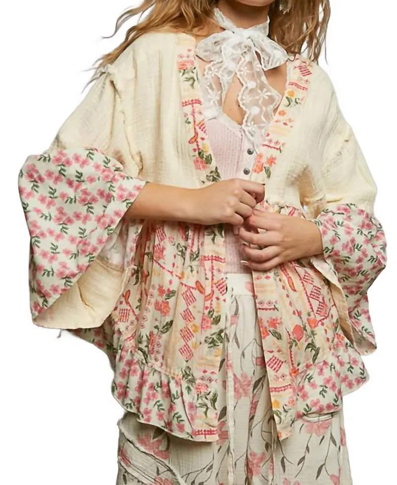 Women's Floral Contrast Cotton Gauze Cardigan Top In Natural 1