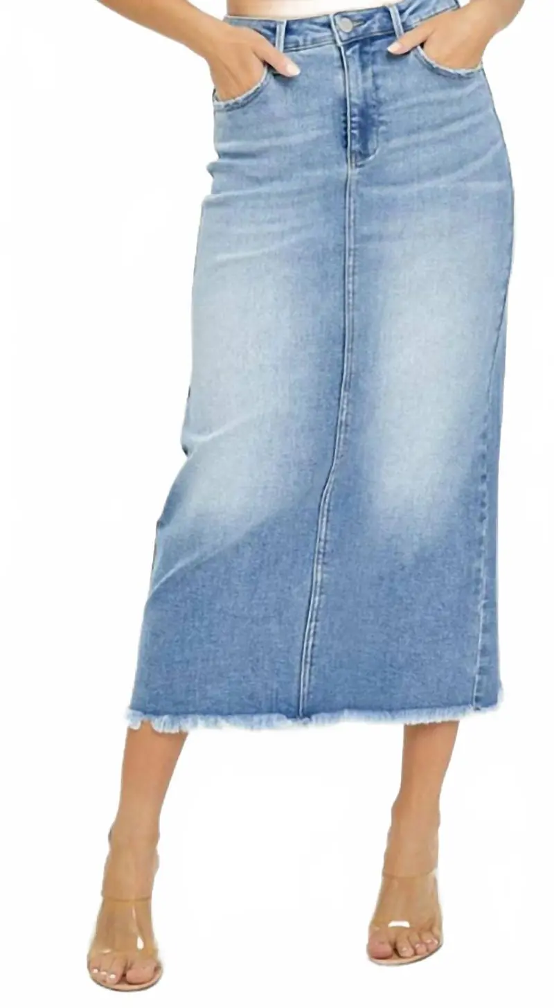 Women's High-Rise Frayed Long Pencil Skirt In Medium Denim 1
