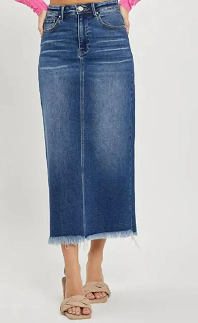 Women's High Rise Frayed Long Skort In Dark Denim 1