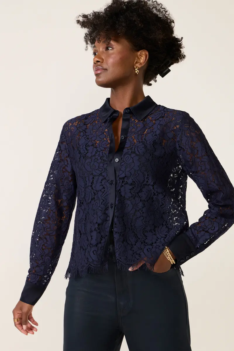 Women's Lace Contrast Button Down Shirt 1
