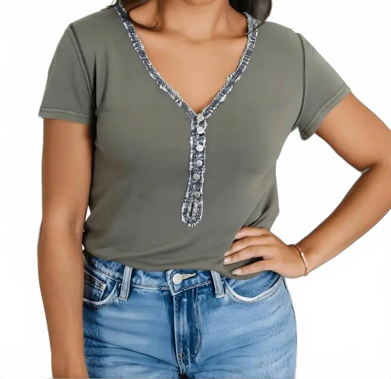 Women's Lace Trim Button Up Short Sleeve Top In Blue 1