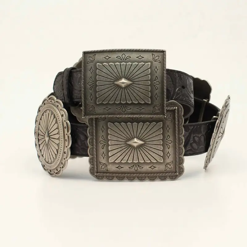 Women's Large Concho Oval And Rectangle Belt In Black/Silver 1