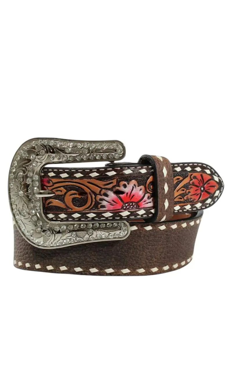 Women's Leather Hand Painted Accents Belt In Brown/Multi 1