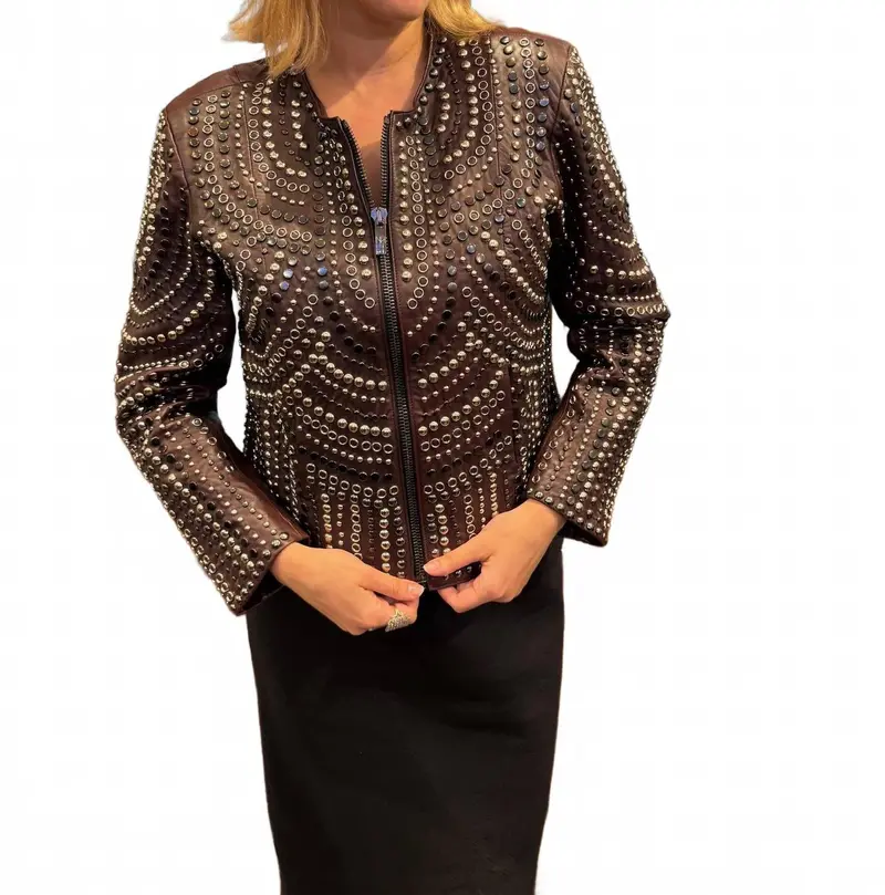Women's Leather Studded Jacket In Burgundy 1