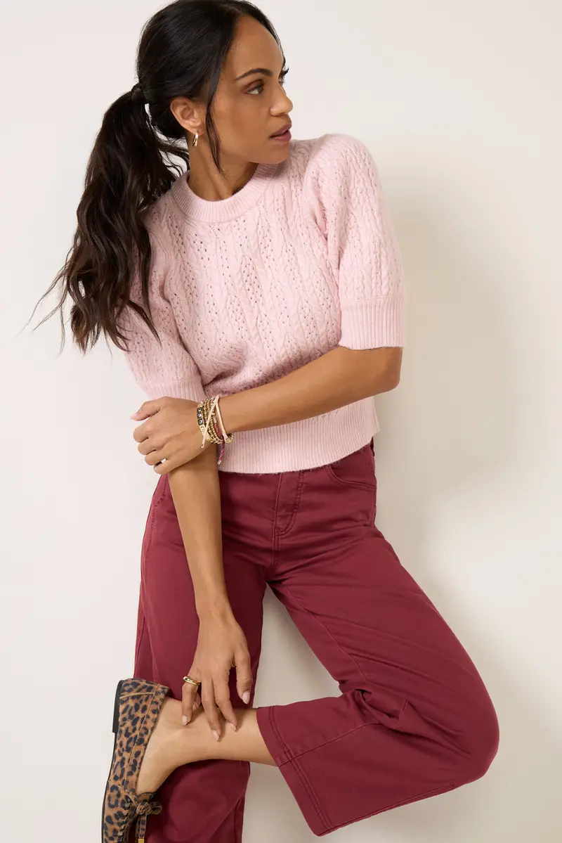 Women's Mason Puff Sleeve Cable Sweater Top 1