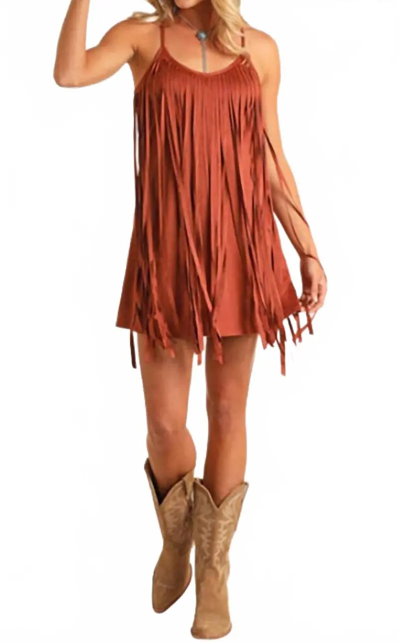 Women's Microsuede Fringe Dress In Camel 1