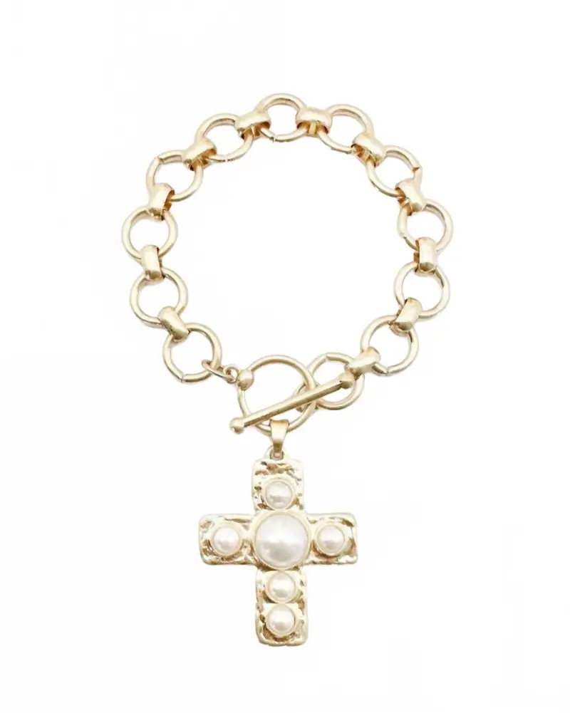 Women's Pearl Cross Charm Toggle Bracelet In Gold 1