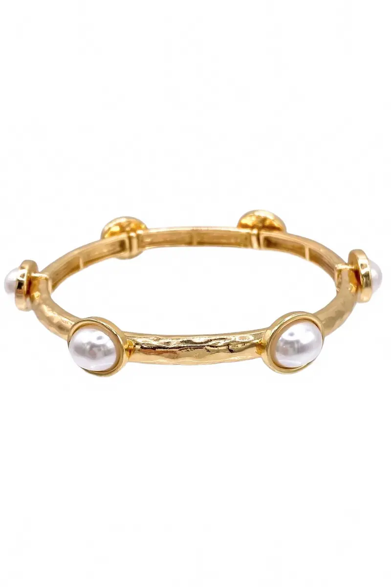 Women's Pearl Hammered Stretch Bangle Bracelet In Gold 1