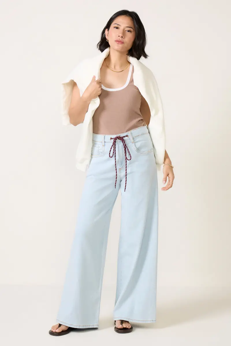 Women's Petite Maya Wide Leg W Tie Waist Jeans 1