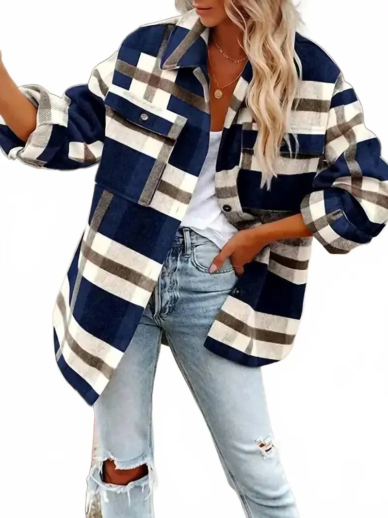 Women's Plaid Button Flannel Shirt In Navy Blue 1