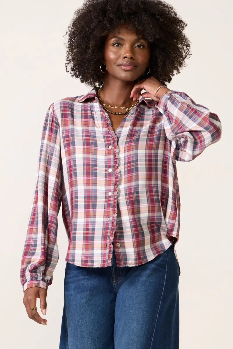Women's Plaid Ruffle Button Down Shirt 1