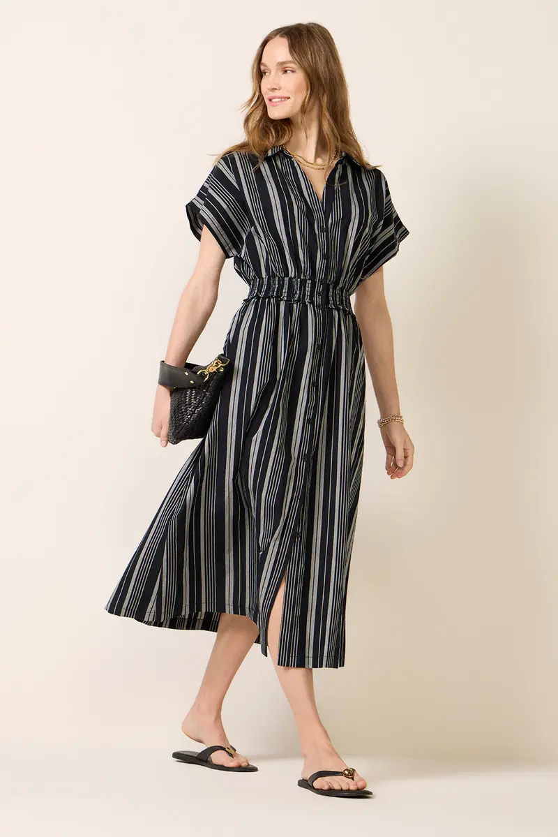 Women's Sailor Smocked Waist Midi Shirt Dress 1