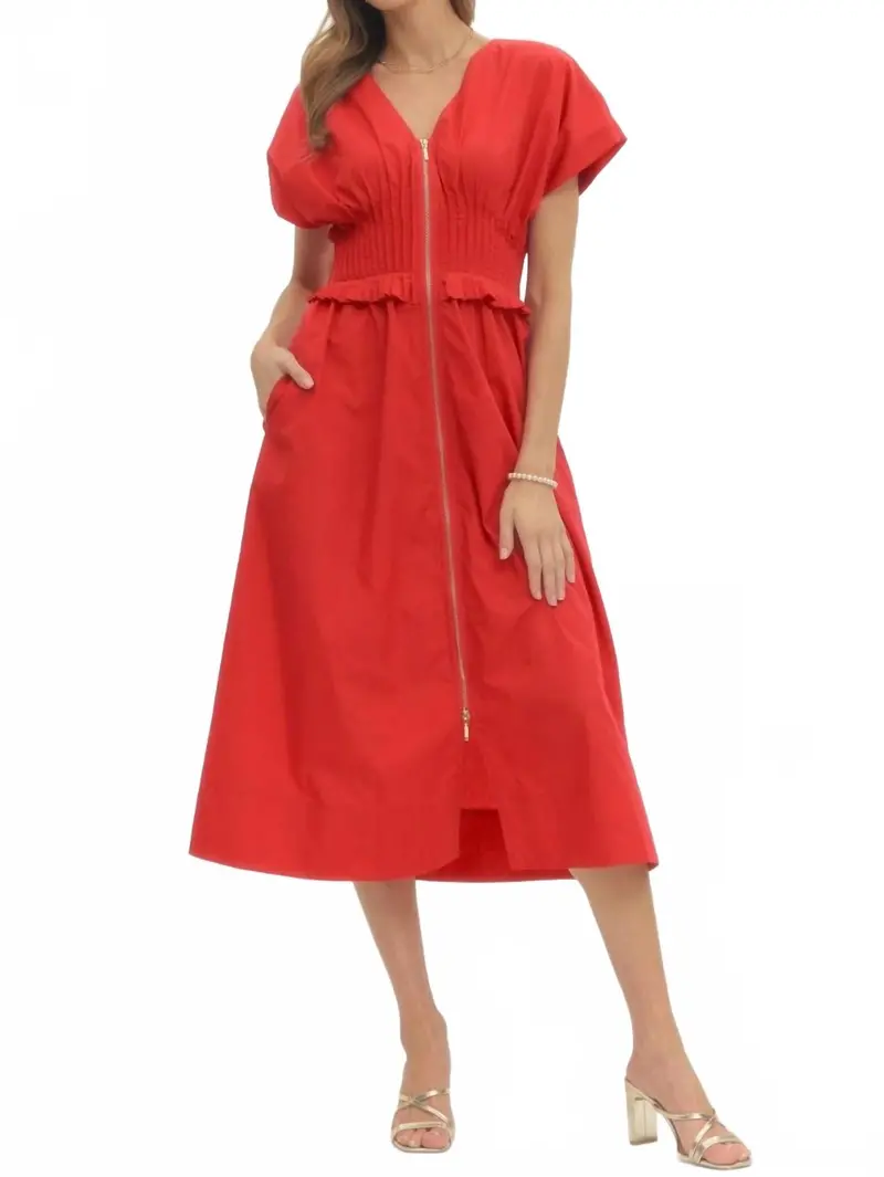Women's Solid Smock Waist Dress In Red 1