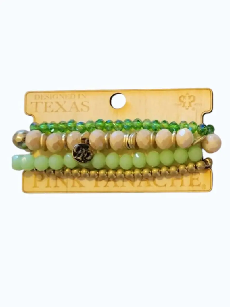 Women's Stretch Stack Bracelet Set In Green/Taupe/Gold Beaded 1