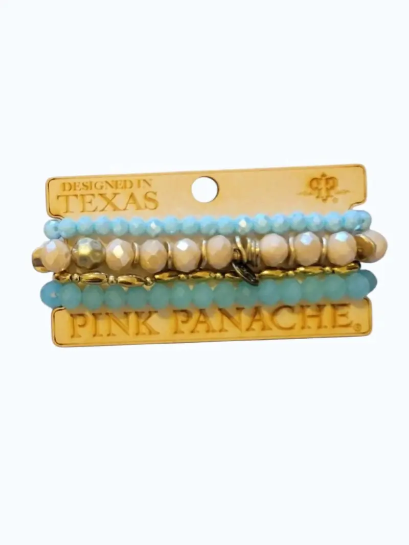Women's Stretch Stack Bracelet Set In Light Blue/Taupe/Gold Beaded 1