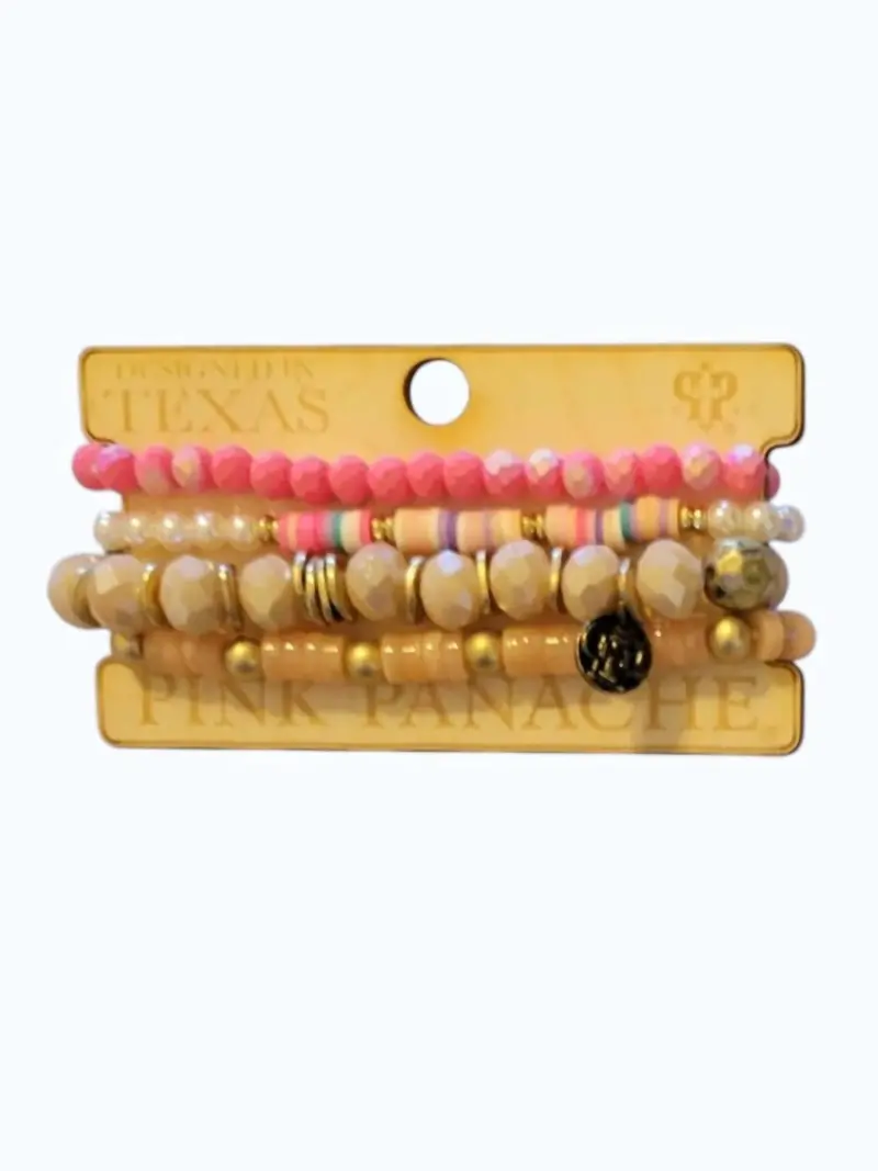 Women's Stretch Stack Bracelet Set In Pink Pearl/Taupe/Tan Beaded 1