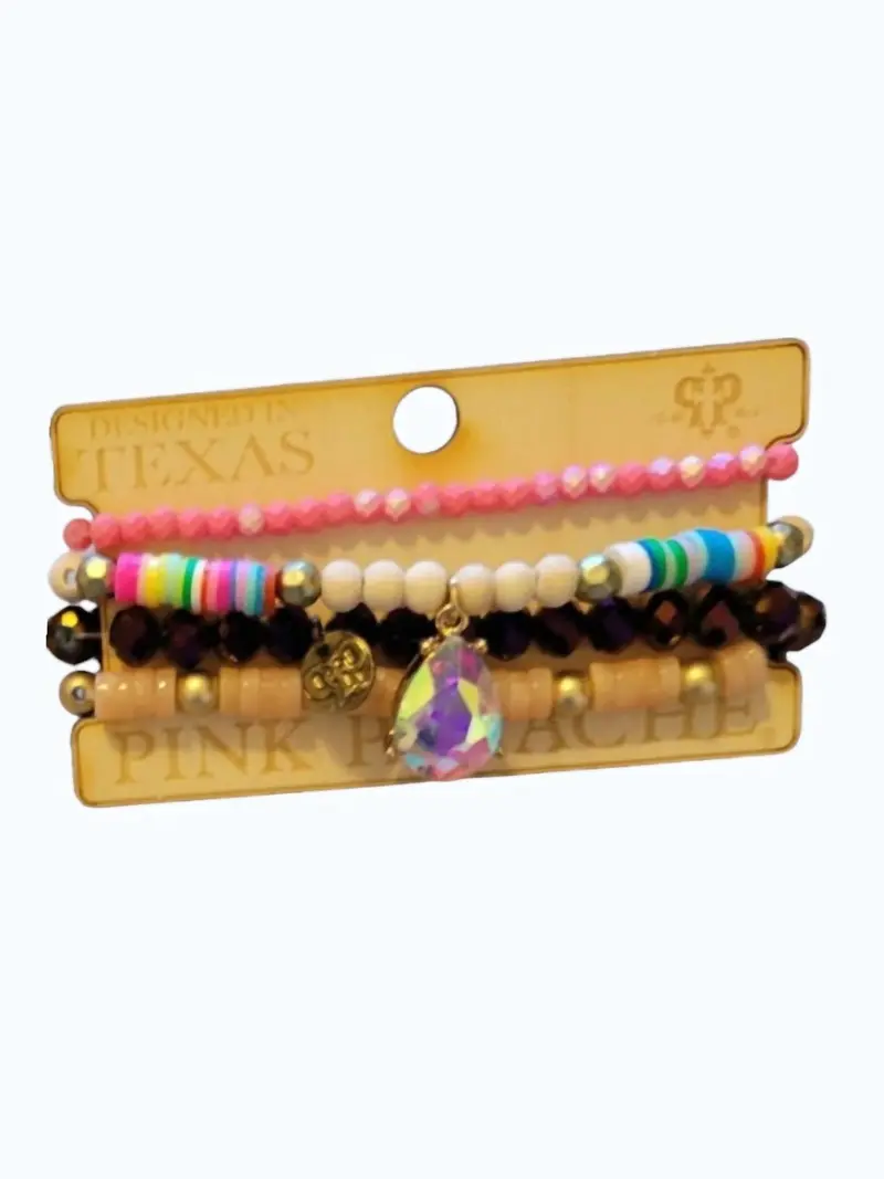 Women's Stretch Stack Bracelet Set In Pink/Rainbow/Purple/Tan Beaded 1