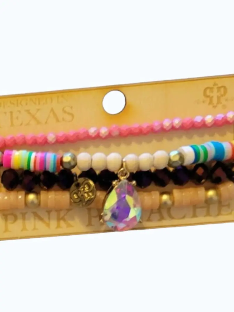 Women's Stretch Stack Bracelet Set In Pink/Rainbow/Purple/Tan Beaded 2