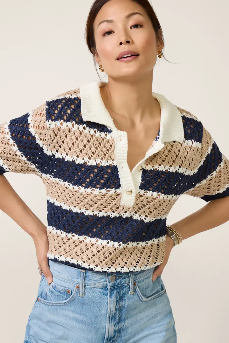 Women's Tatum Stripe Open Stitch Polo Sweater Top 1