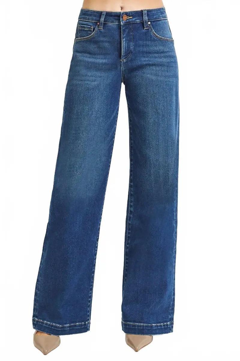 Women's Tummy Control Mid Rise Wide Jeans In Blue 1