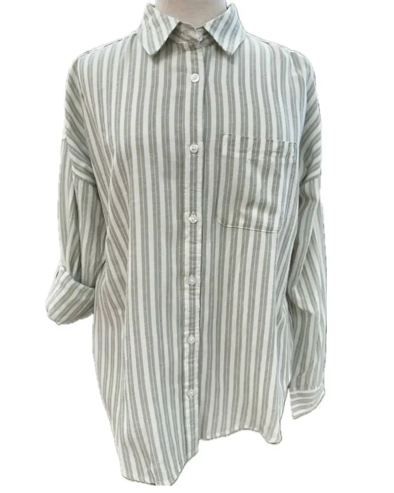 Women's Vienna Boyfriend Button Down Shirt In Sage Stripe 1