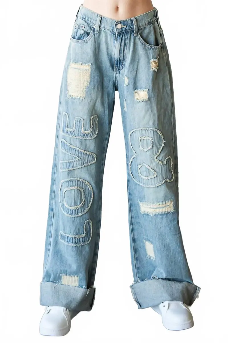 Women's Washed Love Letter Patched Jeans In Blue 1