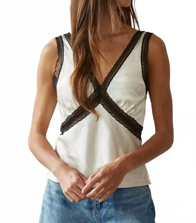 Woven Contrast Lace Sleeveless Top In Pearl 1