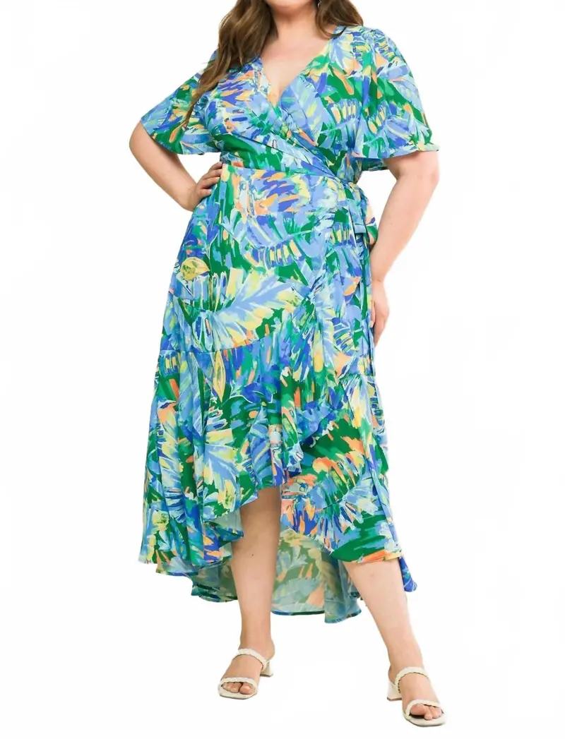 Woven High Low Dress In Blue/Green 1