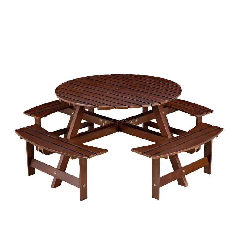 Wow Pioneer Outdoor 8 Person Round Picnic Table With Benches 1