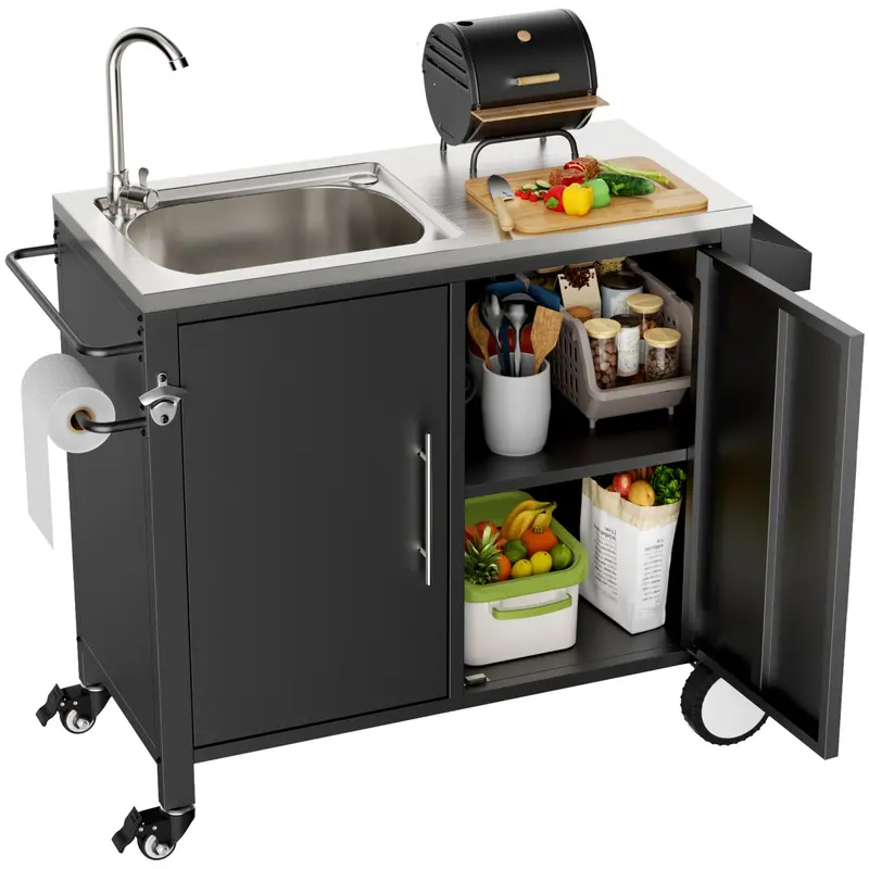 Wow Pioneer Outdoor Grill Table With Sink And Rolling Portable Storage Cart 1