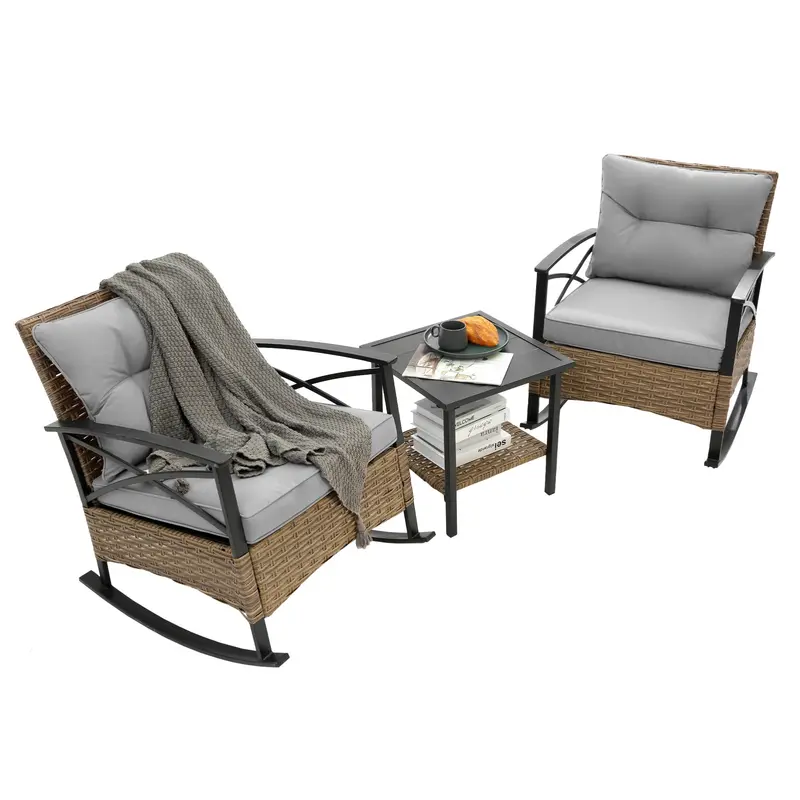 Wow Pioneer Outdoor Rattan Rocking Chair Set With Side Table 1