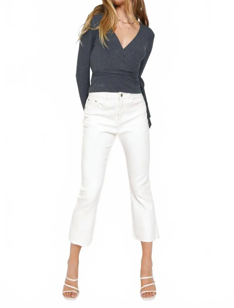 Wrap Tie Front Long Sleeve Rib Top In Deep Blue 1