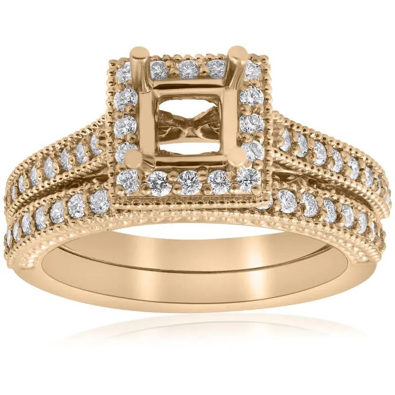 Yellow Gold Princess Cut Diamond Princess Cut Halo Engagement Ring Semi Mount 1
