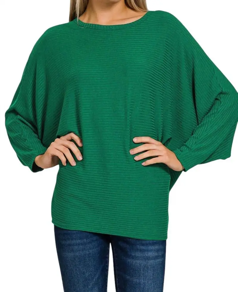Zenana Ribbed Batwing Sweater In Forest 1