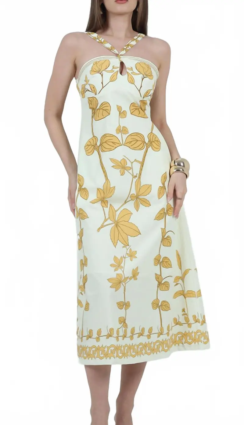 Zoey Printed Halter Neck Maxi Dress In Ivory And Honey Gold 1