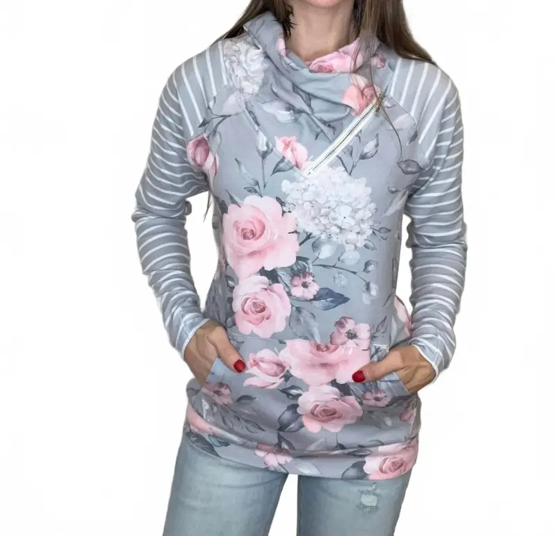 Zoey Zip Cowl Neck Jacket In Gray Floral And Stripe 1