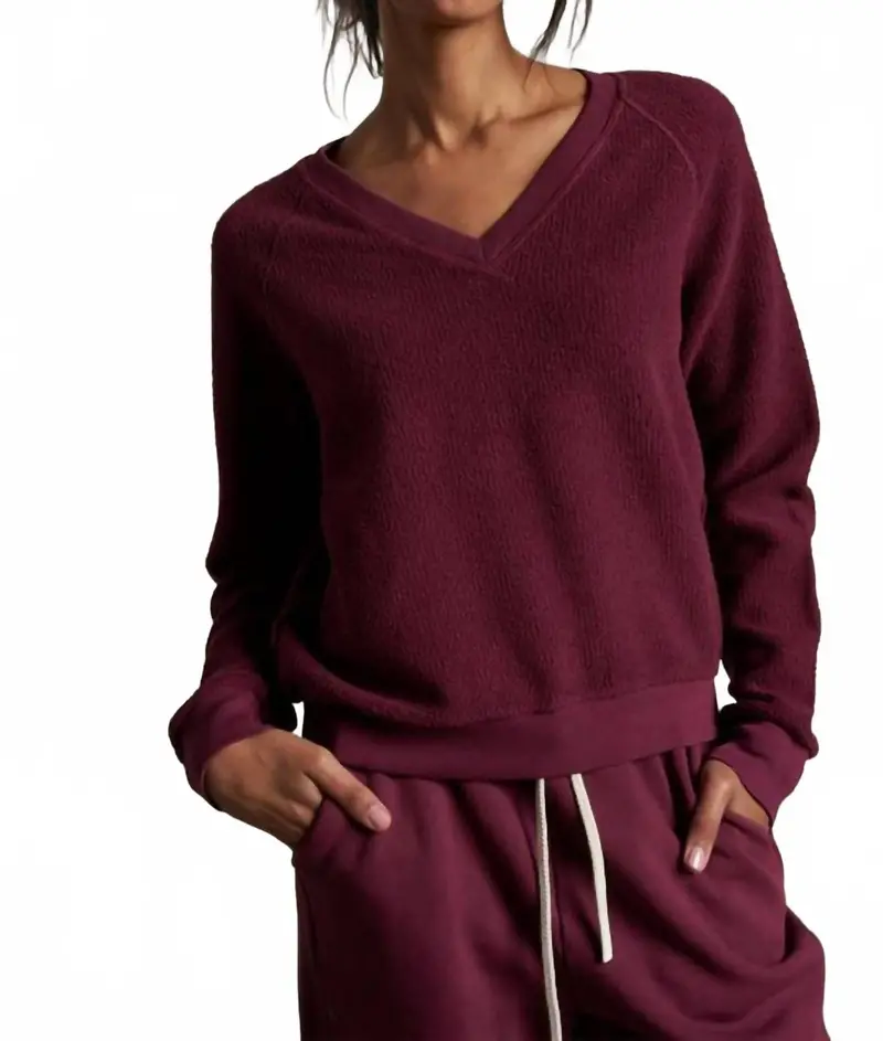 Zuri V Neck Sweatshirt In Dark Burgundy 1