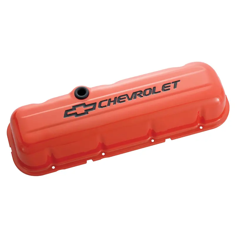 Proform 141-789 Stamped Steel Short Valve Covers – Orange Finish With Bowtie Logo, Big Block Chevy Fit 1
